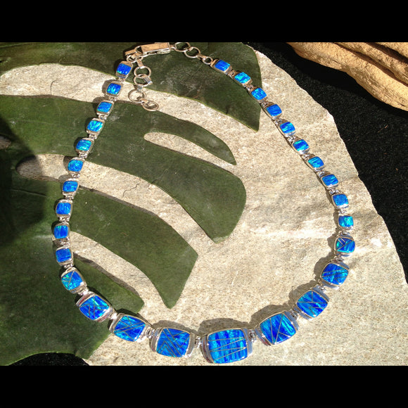 Beautiful Hand Made Necklace Inlaid with Caribbean Blue Opals and Set in Sterling Silver